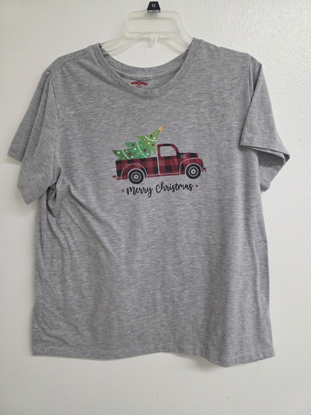 Holiday Time Grey Short-Sleeve Tee with Red Plaid Truck and Green Tree (0706)